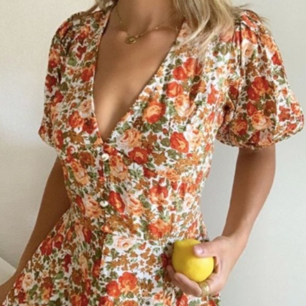 Faithfull the Brand Delia Floral Print Orange Puff Sleeve Top & Skirt - US 4